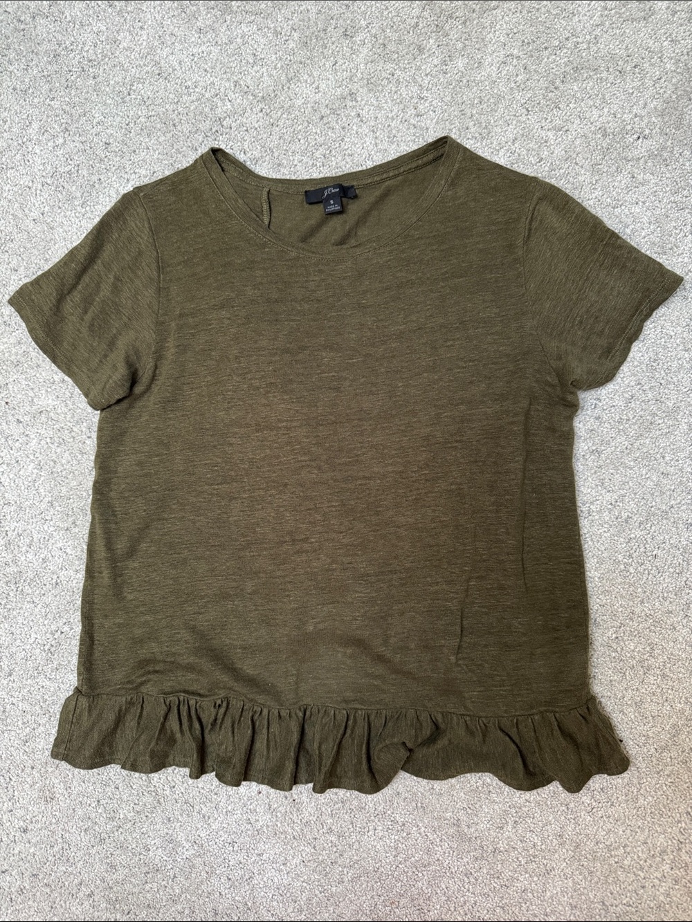 J Crew Linen Ruffle Hem Tee with Adorable Flutter Back - Olive Green